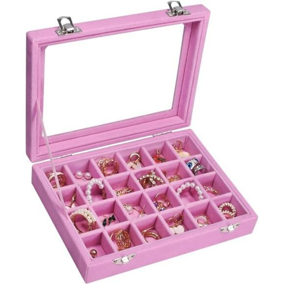 Ring Jewelry Box Organizer Pink Velvet Jewelry Display Holder 24 Grid Gift Her - Picture 1 of 6